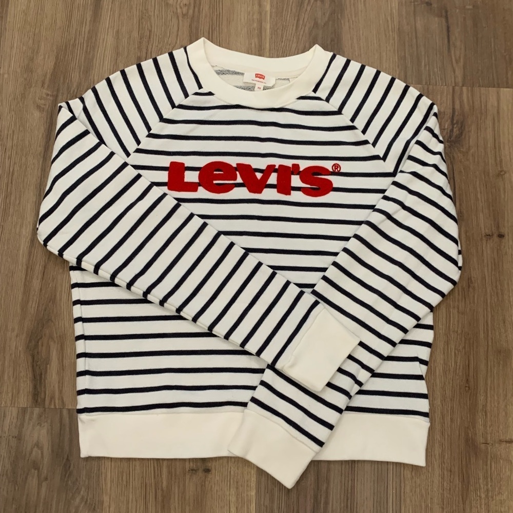 Levi's White & Black Striped Crewneck Sweatshirt with Red Logo